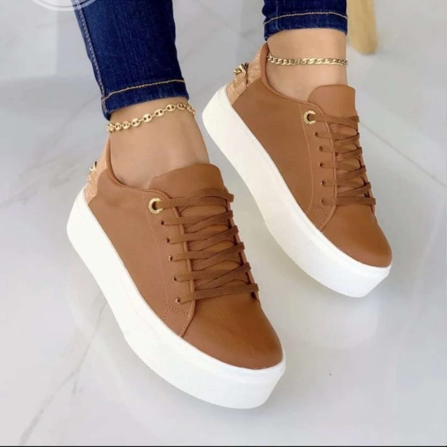 Faux Leather Sneakers – Trendy Platform Lace-Up Sneakers for Women-Myra Lina