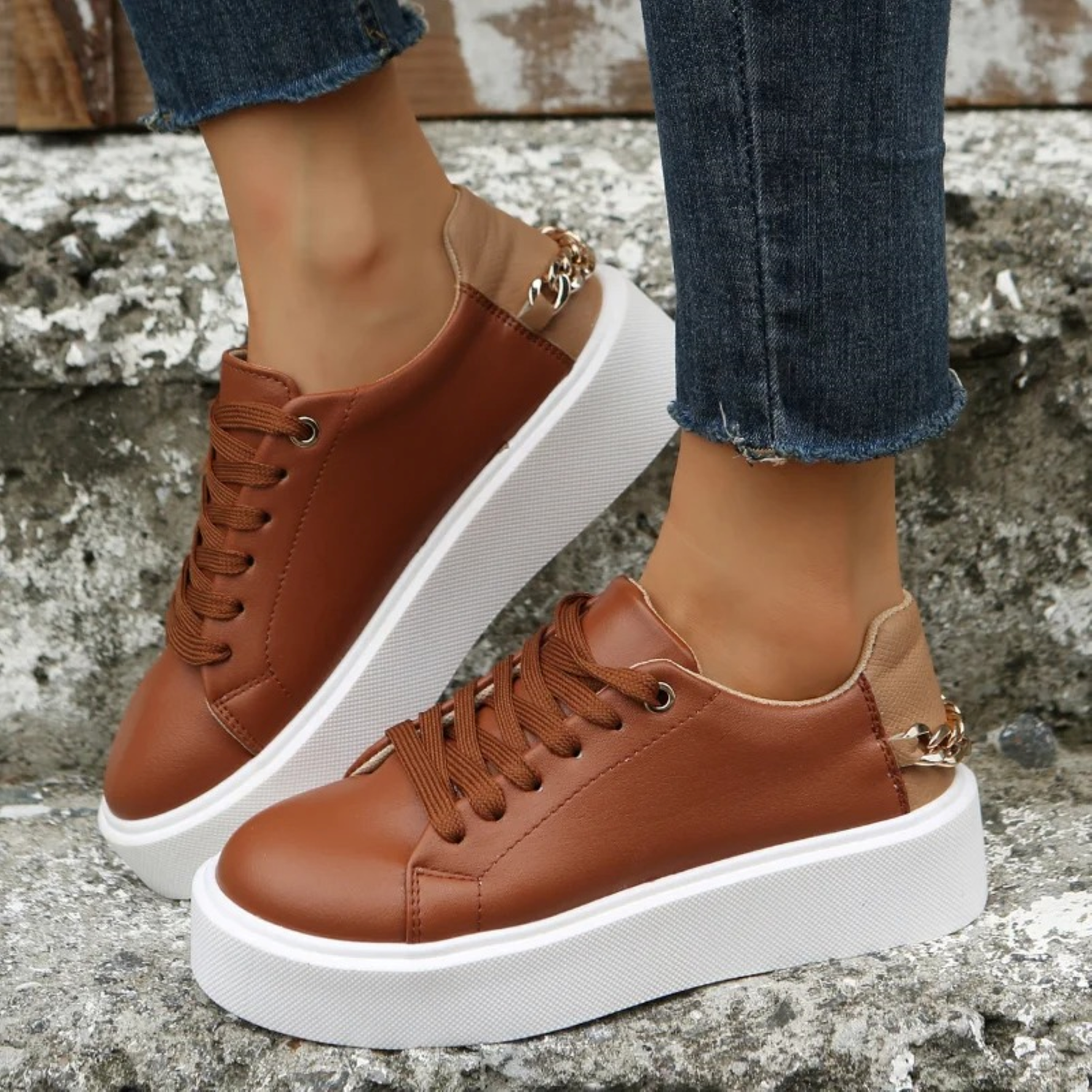 Faux Leather Sneakers – Trendy Platform Lace-Up Sneakers for Women-Myra Lina