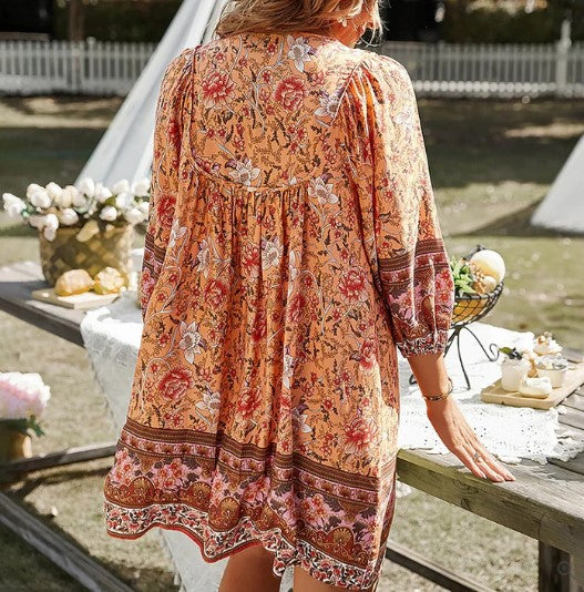 Floral Dress – Long Sleeve Bohemian Mini Dress for Women-Myra Lina