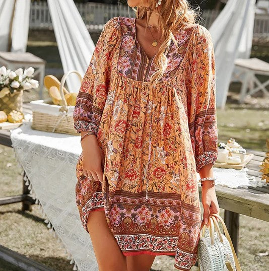 Floral Dress – Long Sleeve Bohemian Mini Dress for Women-Myra Lina