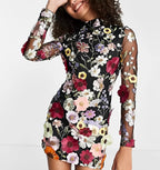Floral Lace Mini Dress | High Neck | Long Sleeve Cocktail-Myra Lina