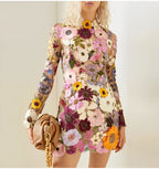 Floral Lace Mini Dress | High Neck | Long Sleeve Cocktail-Myra Lina