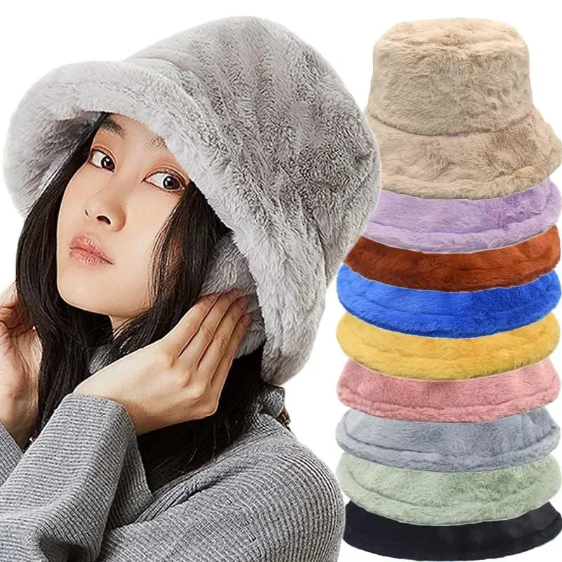 Fuzzy Bucket Hat – Women's Fluffy Faux Fur Bucket Hat for Winter-Myra Lina