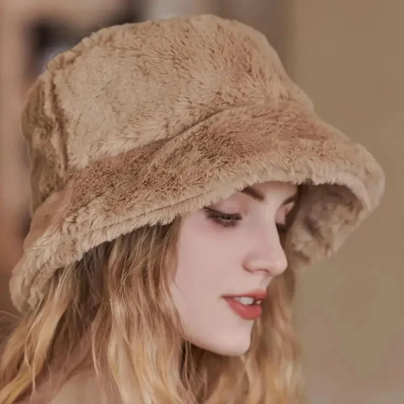Fuzzy Bucket Hat – Women's Fluffy Faux Fur Bucket Hat for Winter-Myra Lina