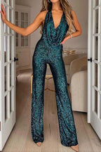 Glitter Jumpsuit – V-Neck – Sleeveless – Sequin Jumpsuit – Women's Party Jumpsuits-Myra Lina