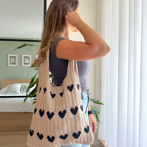 Crochet Tote Bag | Hearts | Cotton Beach Bag Women-Myra Lina