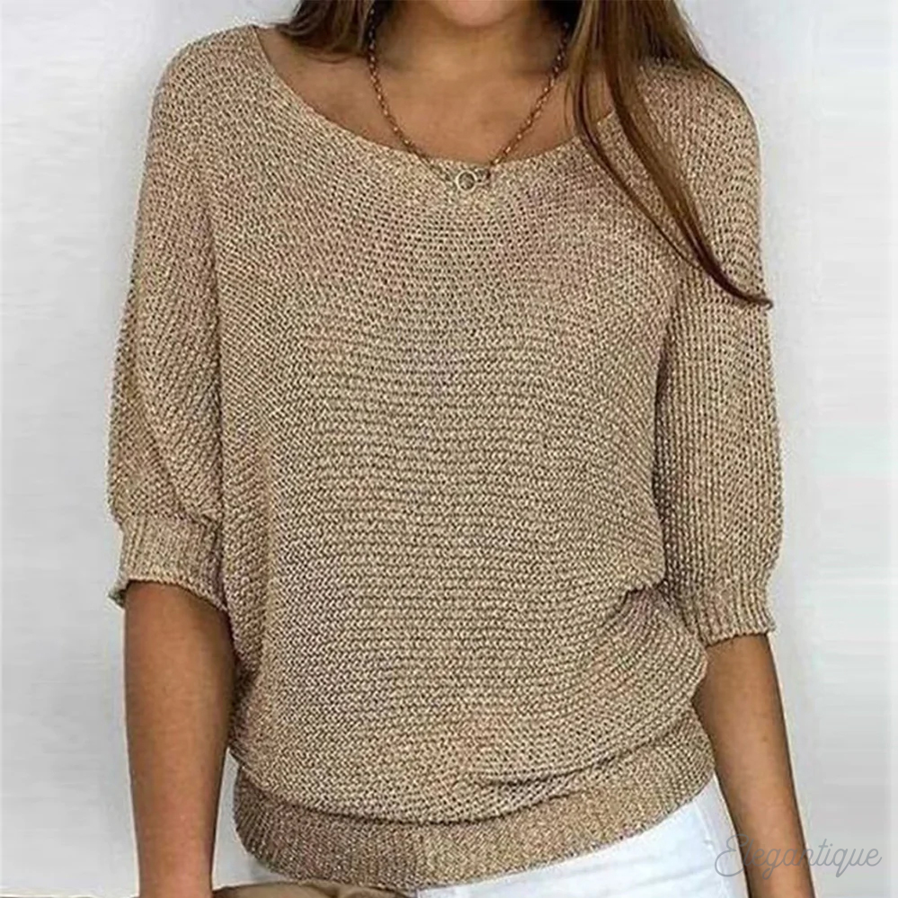 Knitted Sweater | Half-Length Sleeve | Loose Fit | Boat Neck Sweater | Women's Clothing-Myra Lina