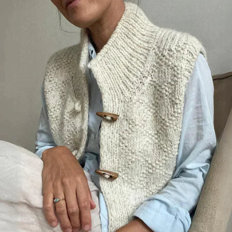 Knitted Vest – Warm Beige Button-Up Cardigan Vest for Women-Myra Lina