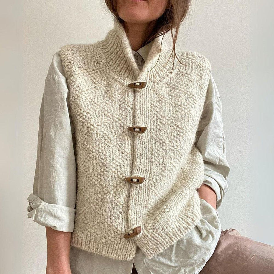 Knitted Vest – Warm Beige Button-Up Cardigan Vest for Women-Myra Lina
