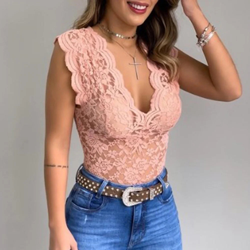 Lace Top – Sleeveless Sheer V-Neck Lace Top for Women-Myra Lina