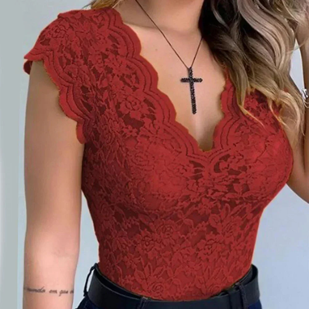 Lace Top – Sleeveless Sheer V-Neck Lace Top for Women-Myra Lina