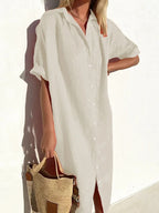 Linen Dress | Button-Up | Short Sleeve | Shirt Dress | Summer Dress-Myra Lina