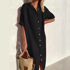 Linen Dress | Button-Up | Short Sleeve | Shirt Dress | Summer Dress-Myra Lina