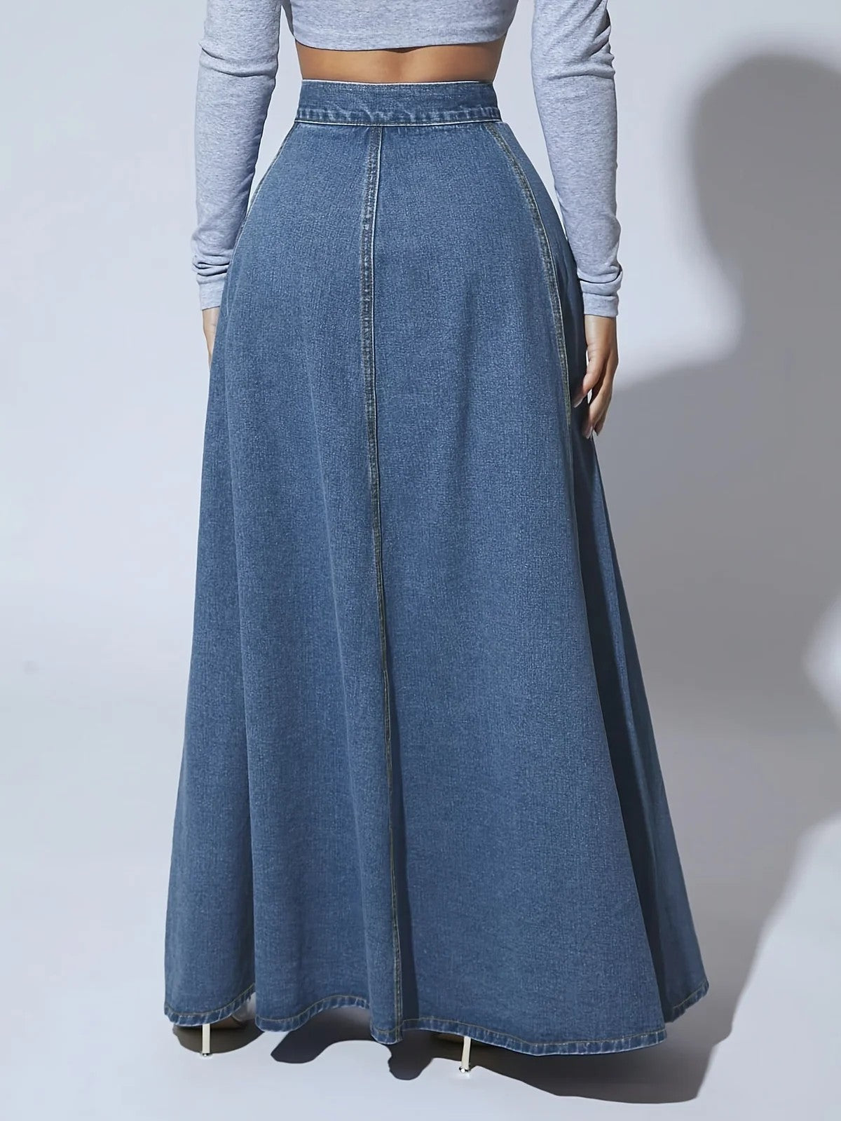 Long Denim Skirt | A Line Flared Maxi | High Waist | Buttons-Myra Lina