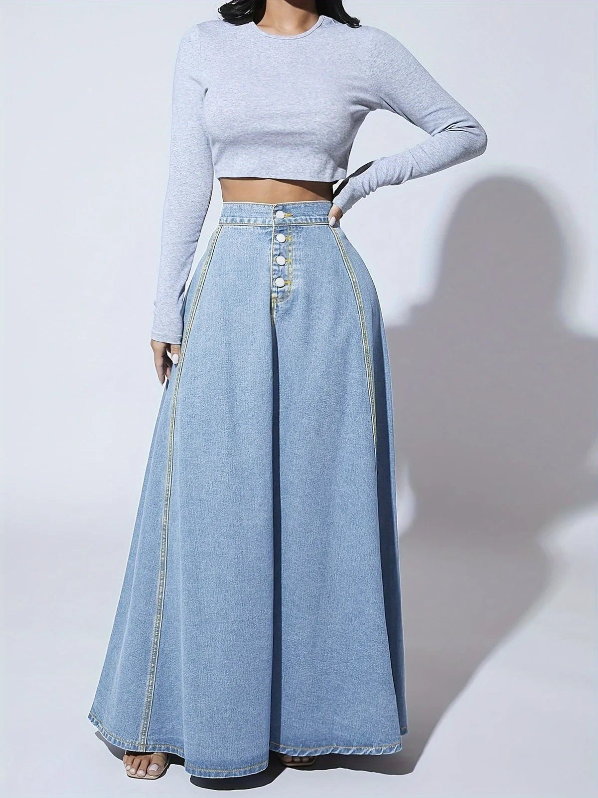 Long Denim Skirt | A Line Flared Maxi | High Waist | Buttons-Myra Lina
