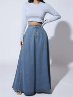 Long Denim Skirt | A Line Flared Maxi | High Waist | Buttons-Myra Lina