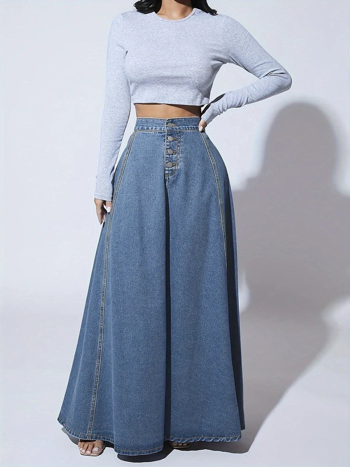 Long Denim Skirt | A Line Flared Maxi | High Waist | Buttons-Myra Lina