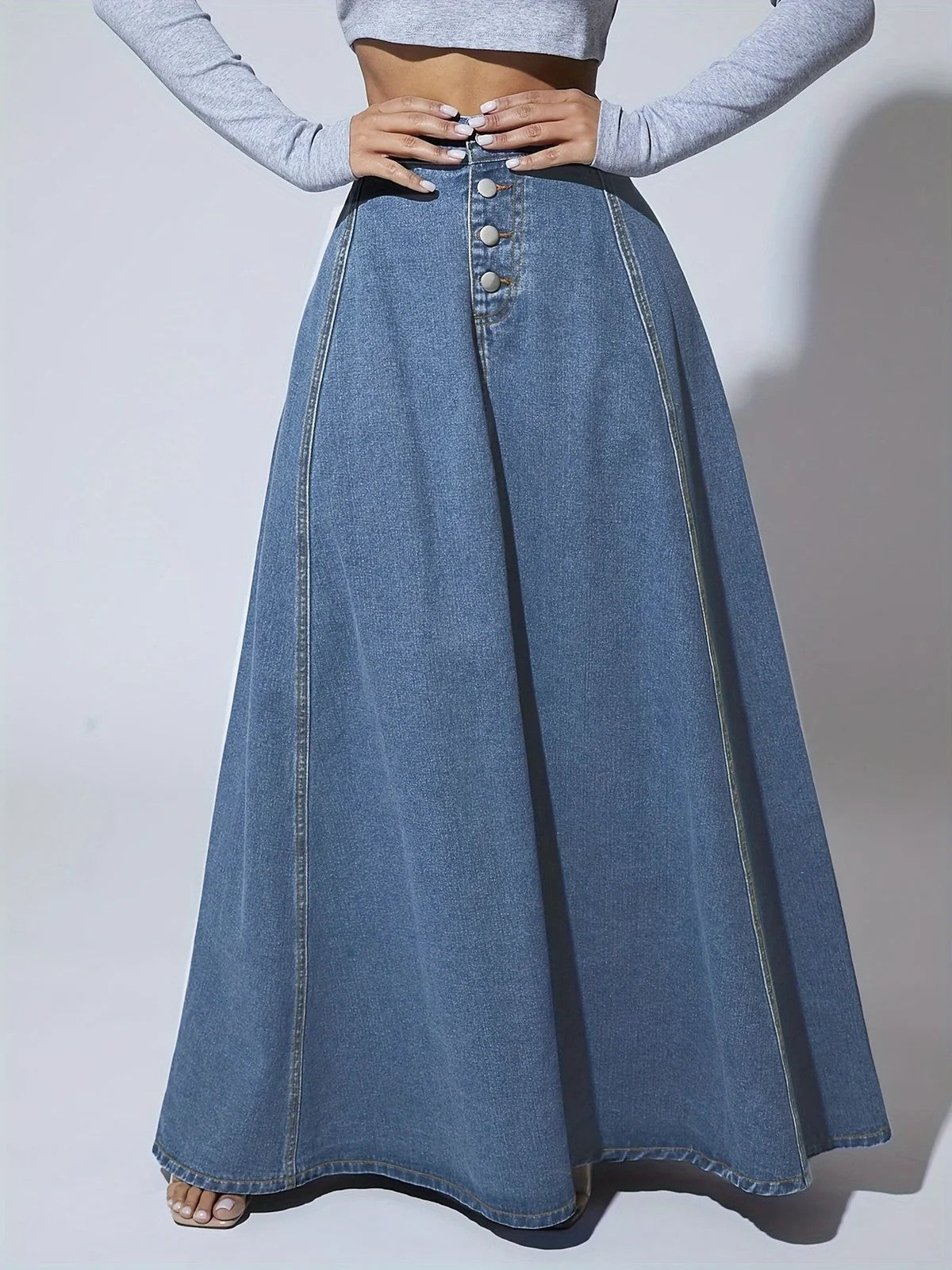 Long Denim Skirt | A Line Flared Maxi | High Waist | Buttons-Myra Lina