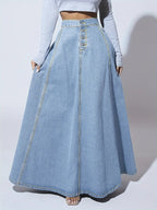 Long Denim Skirt | A Line Flared Maxi | High Waist | Buttons-Myra Lina