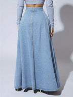 Long Denim Skirt | A Line Flared Maxi | High Waist | Buttons-Myra Lina