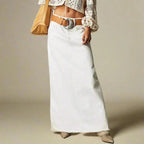 Long Denim Skirt | High Waist Maxi | Straight | Raw Hem-Myra Lina