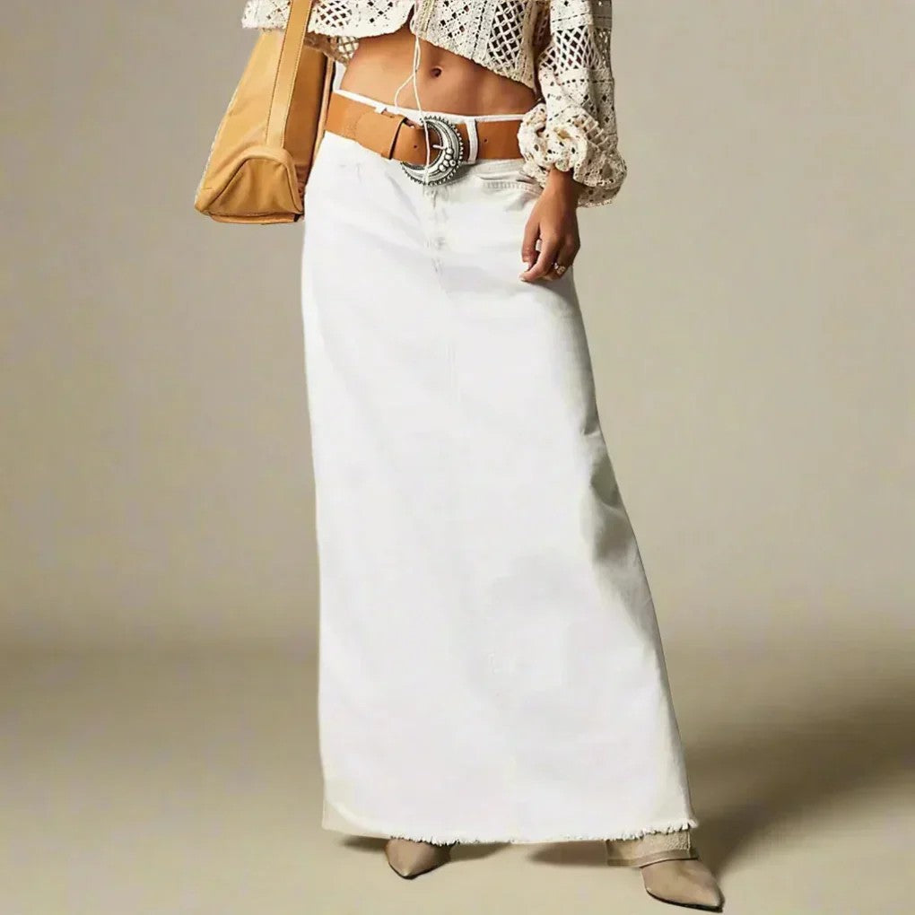 Long Denim Skirt | High Waist Maxi | Straight | Raw Hem-Myra Lina