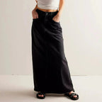 Long Denim Skirt | High Waist Maxi | Straight | Raw Hem-Myra Lina