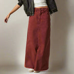 Long Denim Skirt | High Waist Maxi | Straight | Raw Hem-Myra Lina