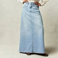 Long Denim Skirt | High Waist Maxi | Straight | Raw Hem-Myra Lina