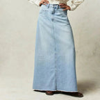 Long Denim Skirt | High Waist Maxi | Straight | Raw Hem-Myra Lina