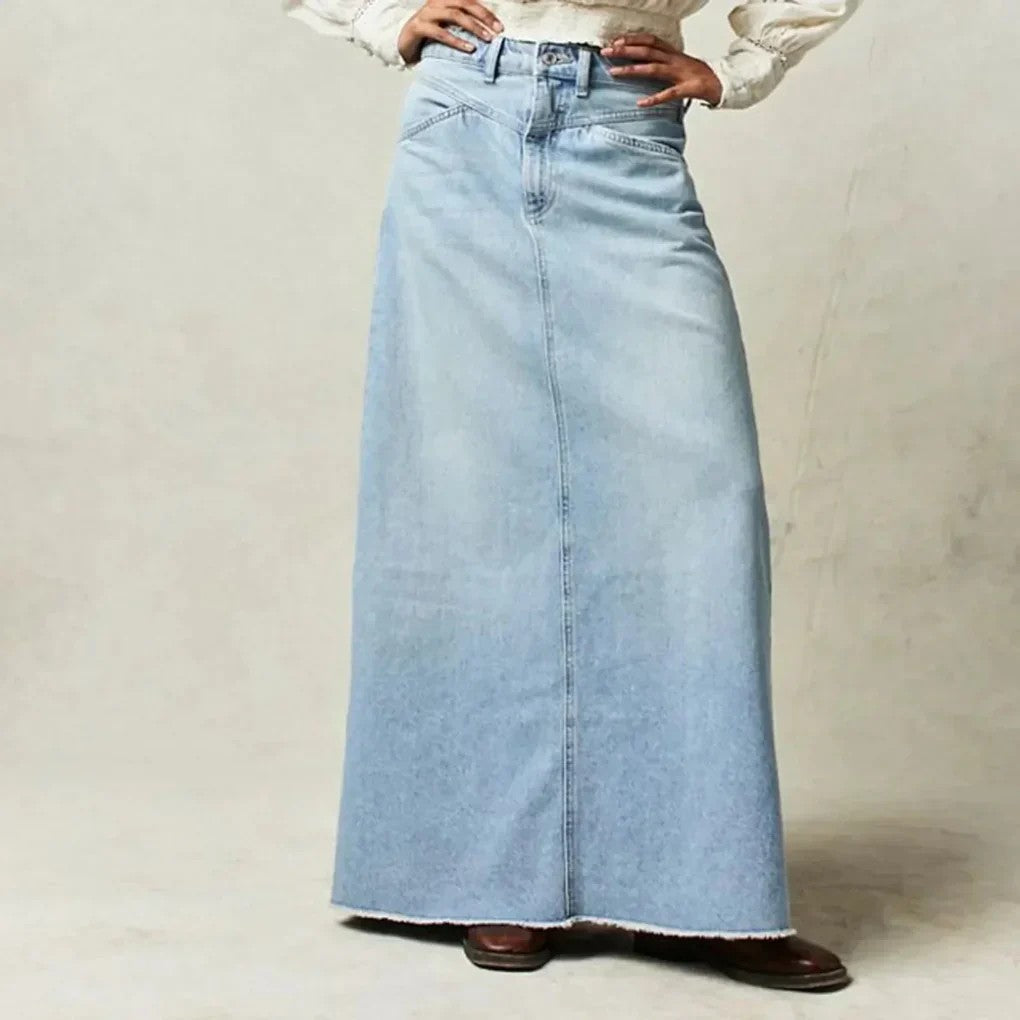 Long Denim Skirt | High Waist Maxi | Straight | Raw Hem-Myra Lina