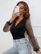 Long Sleeve Bodysuit – Black – Sheer Sleeve – V-Neck Bodysuit – Glitter Bodysuit-Myra Lina