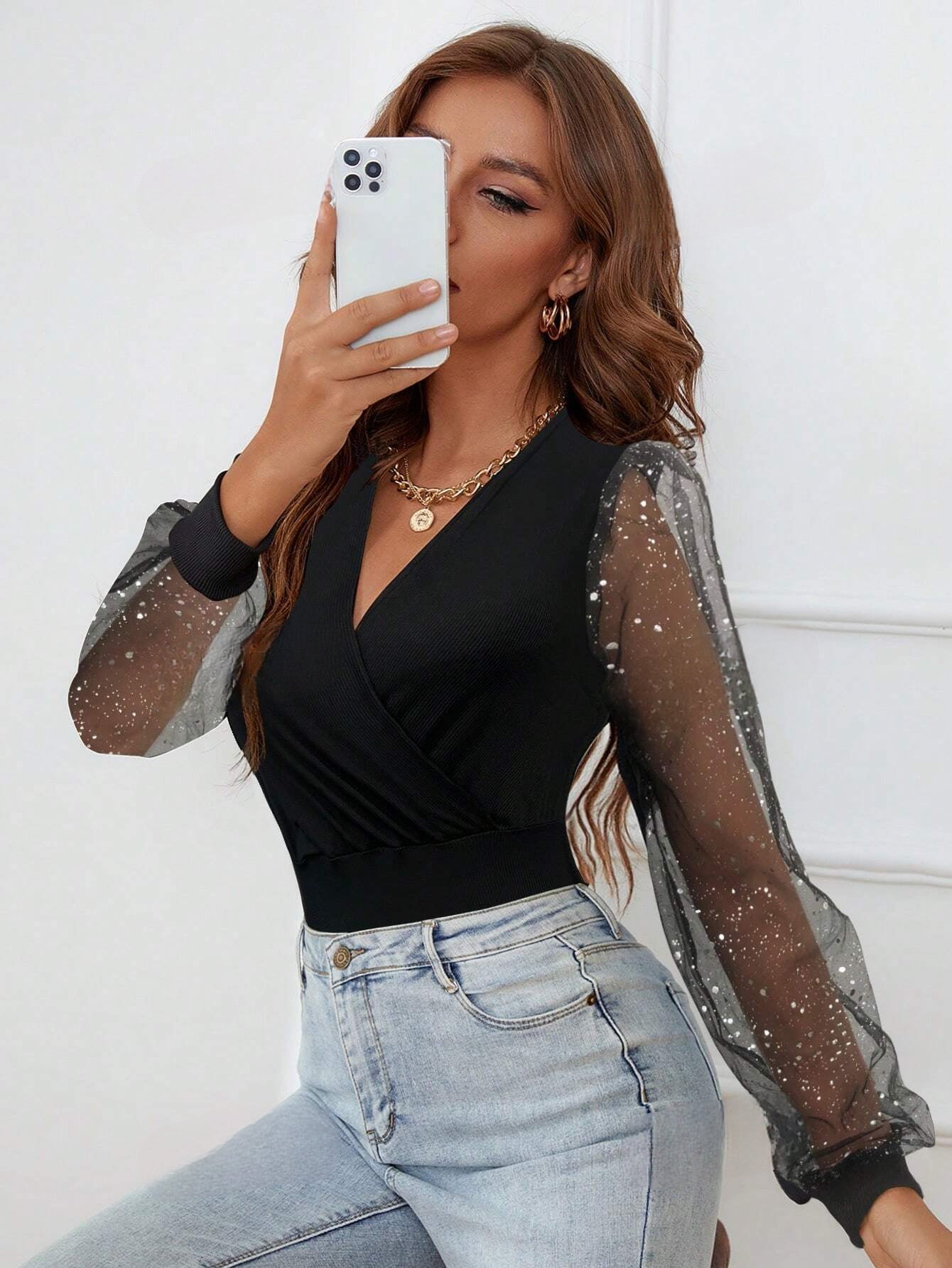 Long Sleeve Bodysuit – Black – Sheer Sleeve – V-Neck Bodysuit – Glitter Bodysuit-Myra Lina