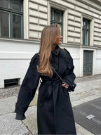 Long Trench Coat – Black Double-Breasted Belted Trench Coat for Women-Myra Lina