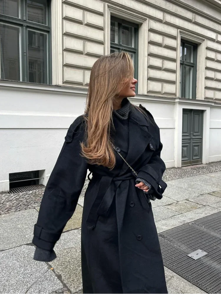 Long Trench Coat – Black Double-Breasted Belted Trench Coat for Women-Myra Lina