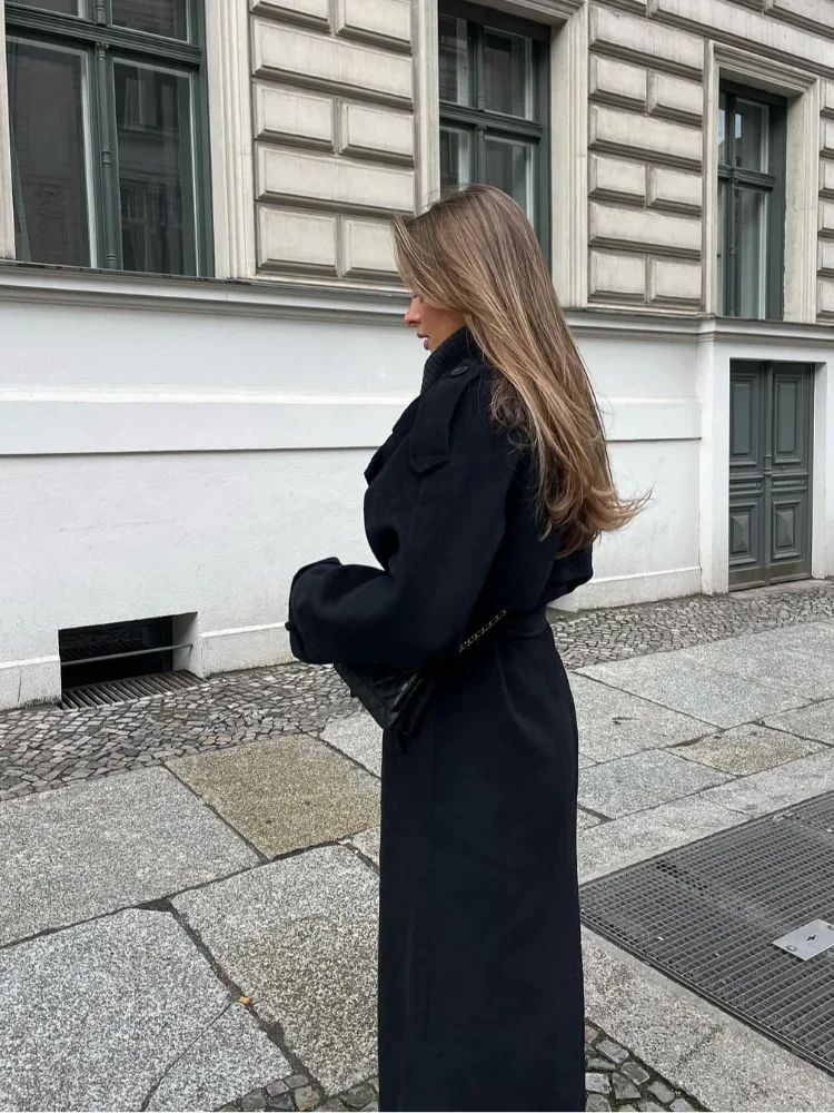 Long Trench Coat – Black Double-Breasted Belted Trench Coat for Women-Myra Lina