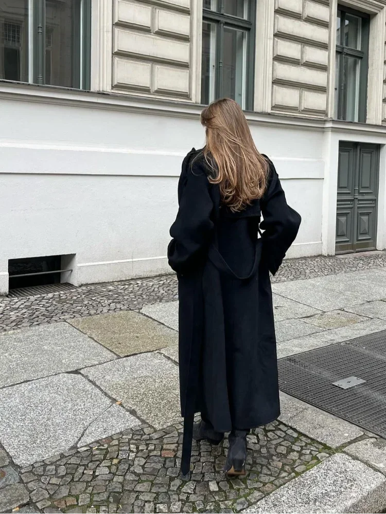 Long Trench Coat – Black Double-Breasted Belted Trench Coat for Women-Myra Lina