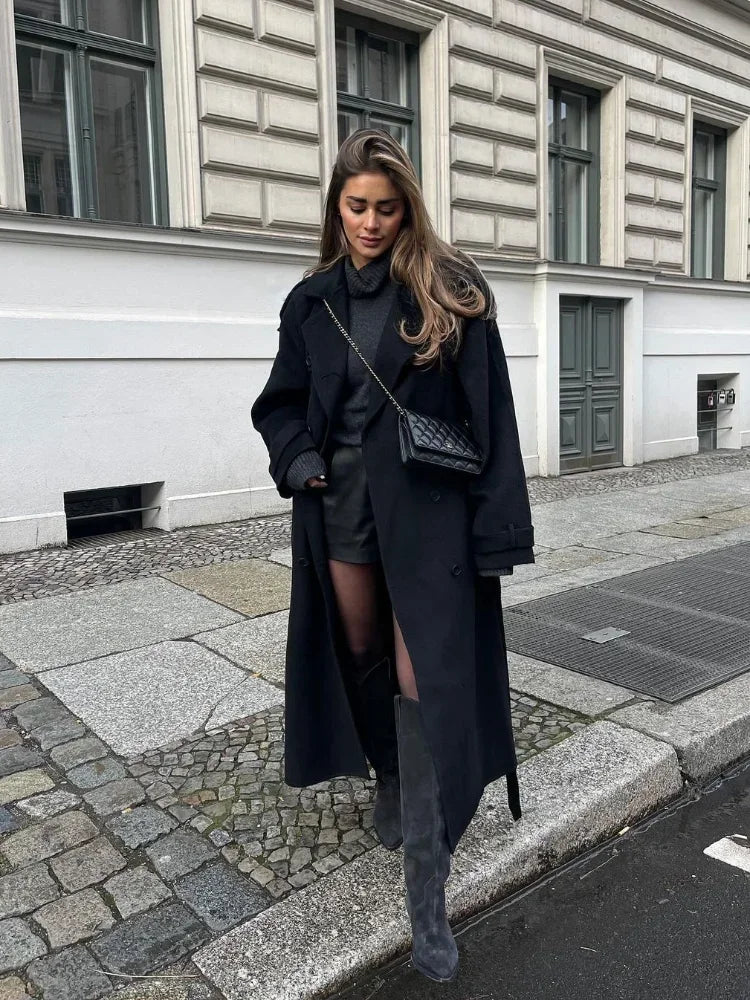 Long Trench Coat – Black Double-Breasted Belted Trench Coat for Women-Myra Lina
