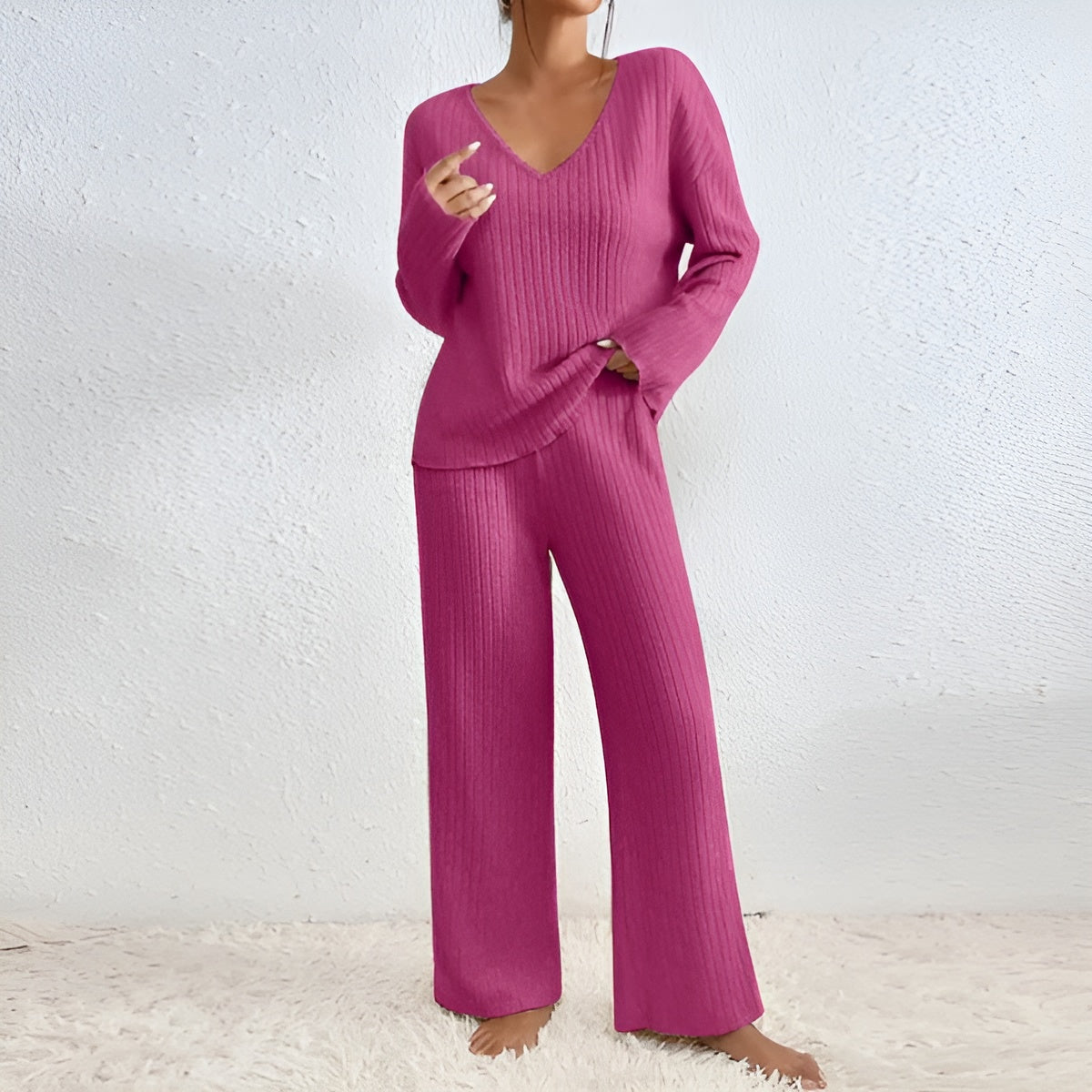 Lounge Set – Ribbed Long Sleeve Knitted Lounge Set for Women-Myra Lina