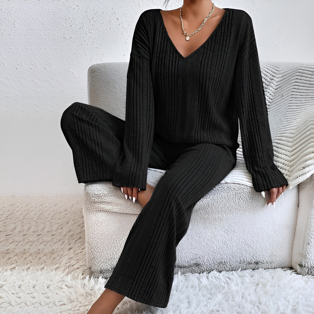 Lounge Set – Ribbed Long Sleeve Knitted Lounge Set for Women-Myra Lina