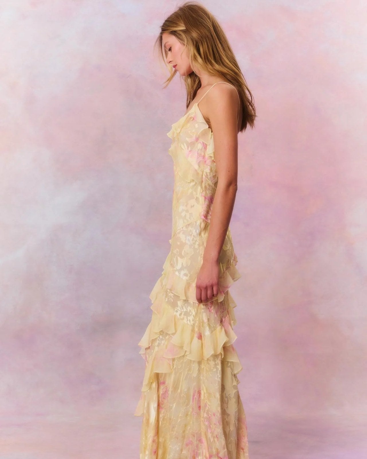 Maxi Dress | Floral Chiffon | Asymmetric Ruffles | Spaghetti Straps-Myra Lina