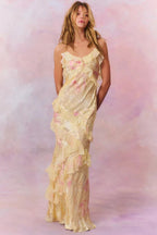 Maxi Dress | Floral Chiffon | Asymmetric Ruffles | Spaghetti Straps-Myra Lina