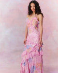 Maxi Dress | Floral Chiffon | Asymmetric Ruffles | Spaghetti Straps-Myra Lina