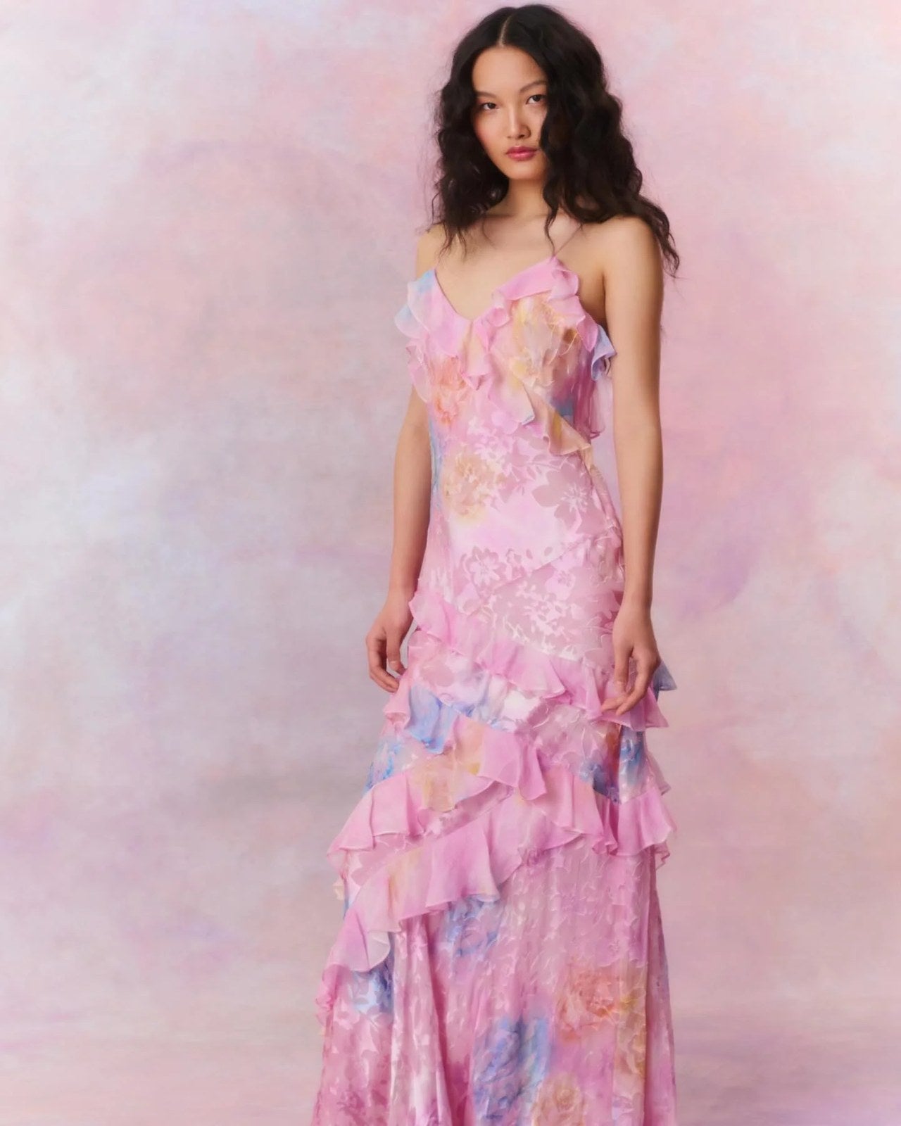 Maxi Dress | Floral Chiffon | Asymmetric Ruffles | Spaghetti Straps-Myra Lina