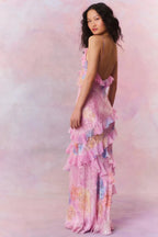 Maxi Dress | Floral Chiffon | Asymmetric Ruffles | Spaghetti Straps-Myra Lina