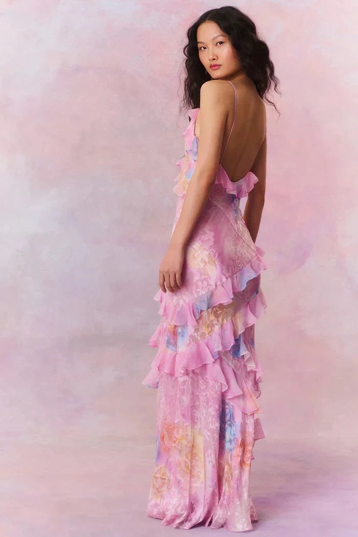 Maxi Dress | Floral Chiffon | Asymmetric Ruffles | Spaghetti Straps-Myra Lina