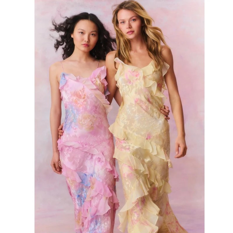 Maxi Dress | Floral Chiffon | Asymmetric Ruffles | Spaghetti Straps-Myra Lina