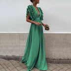 Maxi Dress | Ruffle Sleeve Deep Neckline | Wedding Guest-Myra Lina