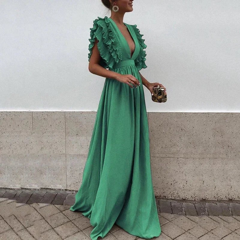 Maxi Dress | Ruffle Sleeve Deep Neckline | Wedding Guest-Myra Lina