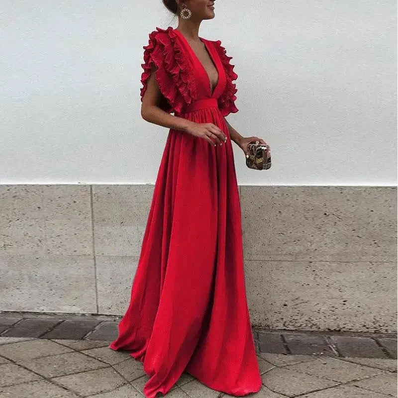Maxi Dress | Ruffle Sleeve Deep Neckline | Wedding Guest-Myra Lina